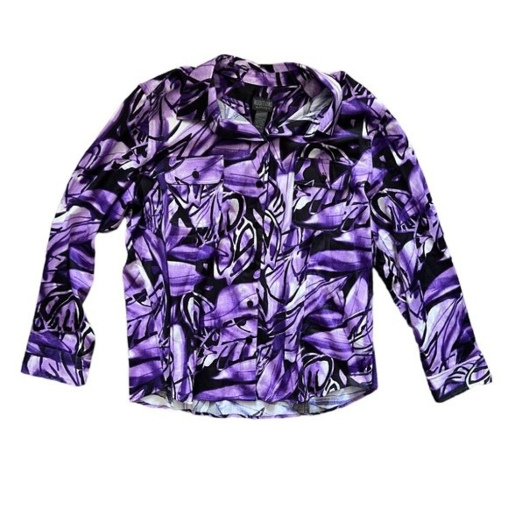 Chico's Long Sleeve Button Up Shirt Purple Black White Abstract Women's sz Large